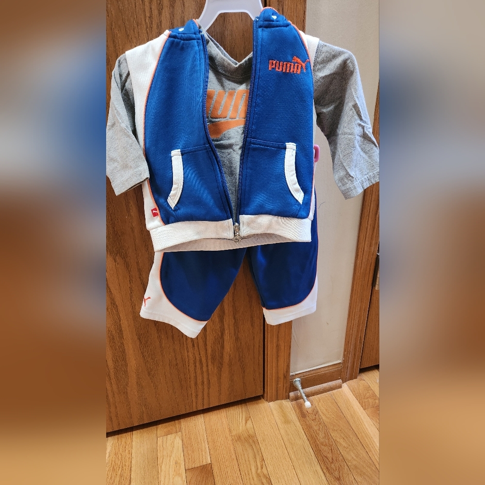 🍉Puma Blue and White Athletic Pants with Long Sleeve Shirt And Zip Up Vest